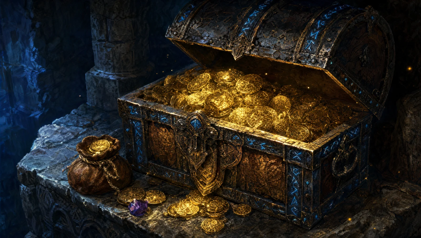 An open rune-carved loot chest overflowing with gold coins